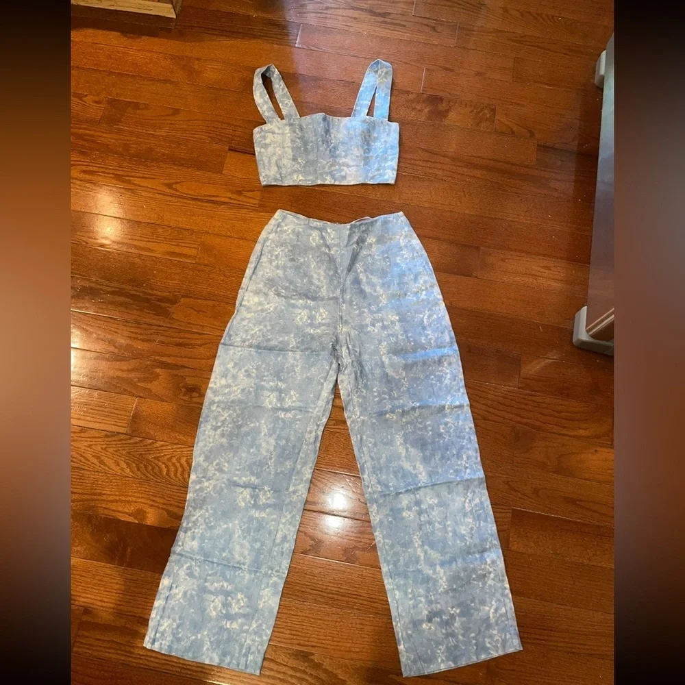 New! Reformation Mara 2–Piece Set Tie Dye Linen Cropped Top & Wide Leg 🩵 size 4